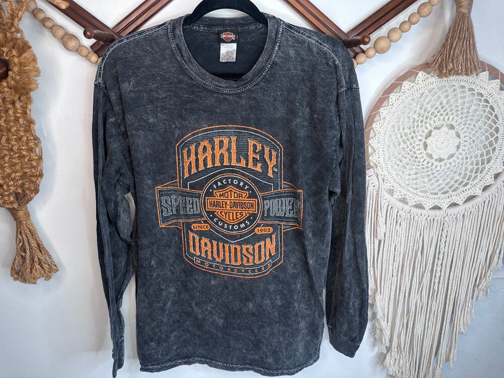 Harley Davidson Acid Wash Long Sleeve Graphic Biker Top